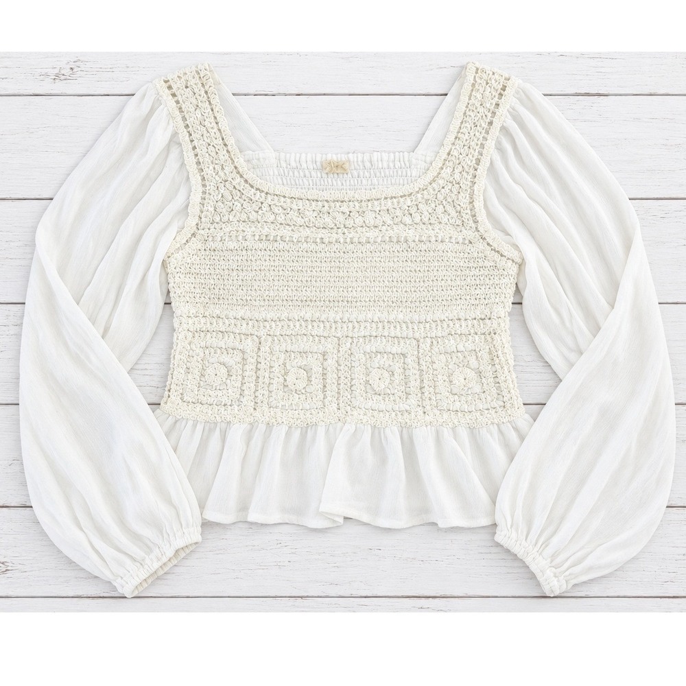 Easel Crochet Peplum Top Long Sleeve Boho Cottagecore White S